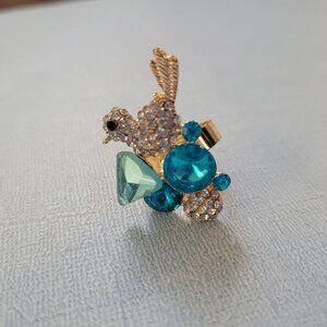 Vintage Gold-Tone Bird Ring With Blue & Clear Rhinestones